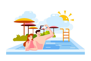 Young couple are making selfie while having fun in pool