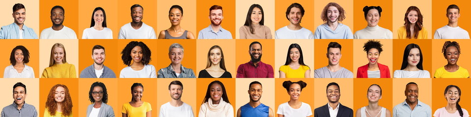 Fototapeta na wymiar Collection Of Human Portraits With Happy Faces On Orange Backgrounds