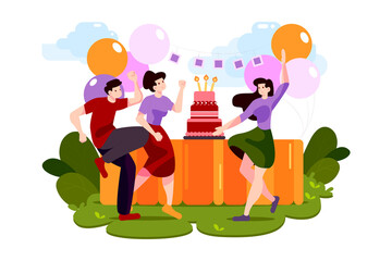 Group of young persons with festive attributes during dances on birth day party