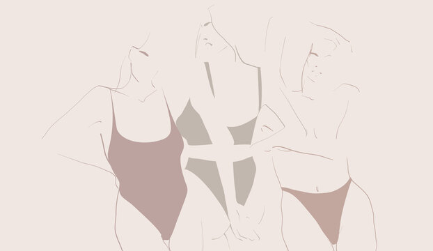 Young women, models in underwear. Drawing in minimalistic style. Vector