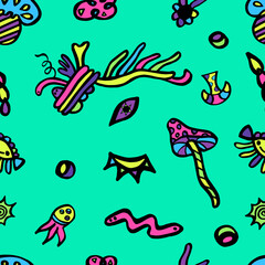 Abstract seamless pattern with fantastic sea animals and geometric figures. Hand drawn psychodelic seamless pattern for cards, invitation, wallpapers, pattern fills, textile..