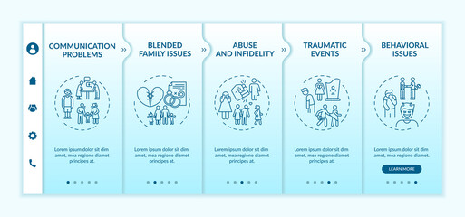Online family therapy types onboarding vector template. Abuse and infidelity. Traumatic events. Responsive mobile website with icons. Webpage walkthrough step screens. RGB color concept