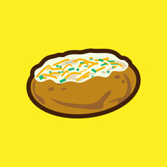 Baked potato with melted butter and herbs bacon . Vector illustration cartoon flat icon on yellow background