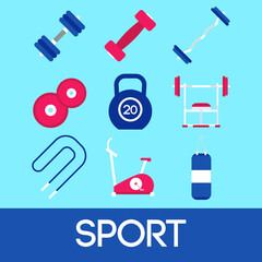 Fototapeta premium Vector illustration of sport stuff on blue background. Healthy lifestyle and its attributes.