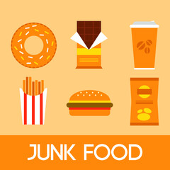 Vector illustration of junk food on orange background. Unhealthy lifestyle and its attributes.