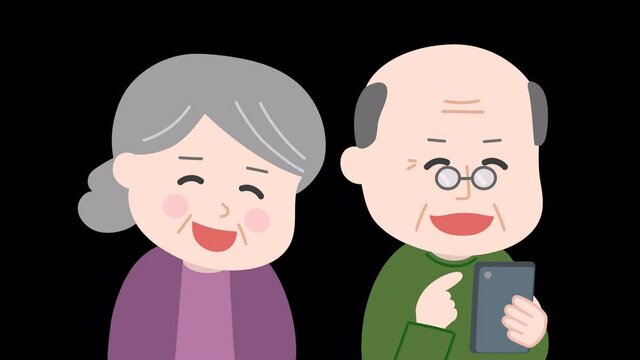 Elderly couple using a smartphone happily. 4K video footage with alpha channel.