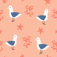 cute cartoon seagull, red coral, starfish seamless vector pattern background illustration