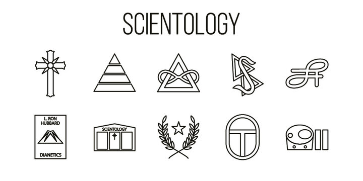 Vector illustrations set of scientology signs and attributes on white background. 