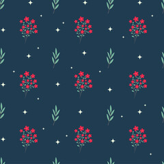 Seamless pattern with red flowers and green on a dark blue background. Summer, minimalistic pattern with flowers and stars. Pattern for wrapping paper, stationery, textiles, backgrounds, websites.
