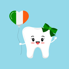 St Patrick day cute tooth dental icon isolated. Kids dentistry teeth character with irish flag color heart shape balloon. Flat design cartoon vector clip art illustration