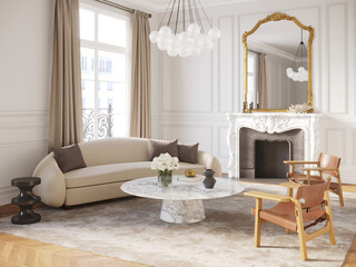 3d rendering of an elegant chic luxury Parisιan apartment, a living room with kidney shaped sofa and a classic fireplace with leather chairs