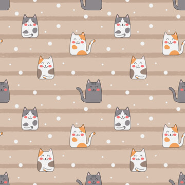 Vector cut cats doodle cartoon seamless pattern background.