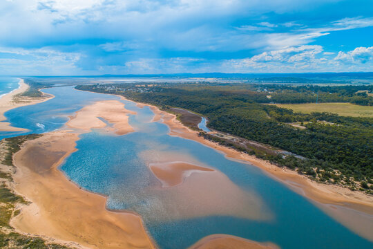 Scenic aerial landscape of Snowy River Estuary. Marlo, Victoria, Australia