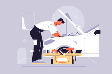 Man fixing car by himself vector illustration. Repairing automobile with tools flat style. Car service, auto maintenance, transportation concept. Isolated on grey background