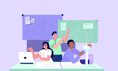 Team of Architect,Construction Engineer , Foreman Discussing Building Project.Man showing Real Estate Design drawing on office board.Woman with Laptop. Man Constructing Layout.Flat vector illustration