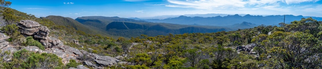 Wide panorama of mountains viewed from Mount William in Grampians, Australia