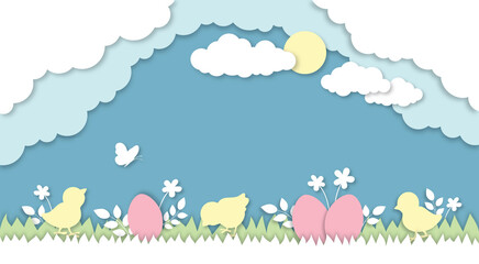 Obraz na płótnie Canvas Easter papercut illustration, spring holidays nature vectors, paper cut clouds, grass chicks and easter eggs