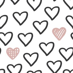 Hand drawn heart seapless pattern. Cute love romantic vector repeat print. Black and pink sweet trendy hearts ornament for textile.