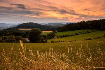 Blick auf ein Tal von der Auffahrt zum Haldenhof gesehen: Deutschland, Baden-Württemberg, Bodensee, Haldenhof, Abendstimmung, Tal, Sonnenuntergang