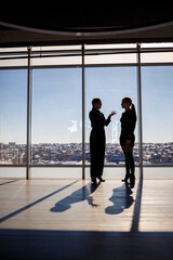Obraz premium Two business women enjoying the city view and talking while standing by the large window in the office