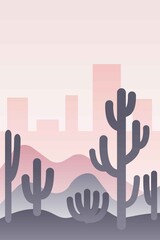 Pastel pink sun set sky and city skyline silhouette. Purple desert dunes. Dark cactuses. Abstract texture. Nature and ecology. Vertical orientation. Template for social media, post cards and posters
