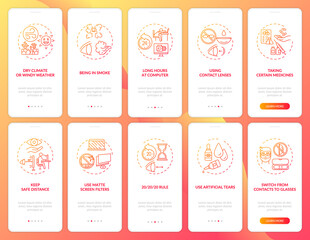 Eye health onboarding mobile app page screen with concepts set. Treating eyes from painful disease walkthrough 10 steps graphic instructions. UI vector template with RGB color illustrations