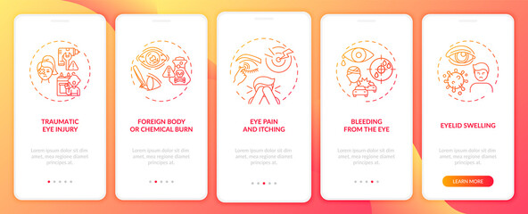 Emergency eye exam reasons onboarding mobile app page screen with concepts. Eye pain and itching walkthrough 5 steps graphic instructions. UI vector template with RGB color illustrations