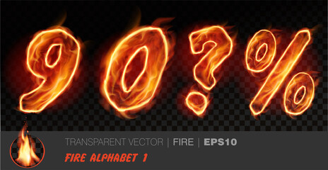 Alphabet of fire. Transparent realistic vector on dark background. Fiery font with light effect for your text. Letters 90