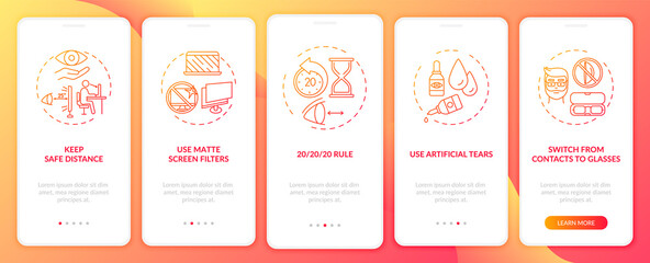 Digital eyestrain prevention tips onboarding mobile app page screen with concepts. Use artificial tears walkthrough 5 steps graphic instructions. UI vector template with RGB color illustrations
