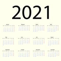English calendar for 2021. Week starts from Monday. Isolated vector illustration on white background.