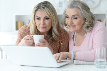 two smiling senior women using laptop at home