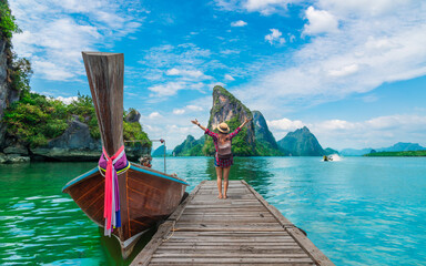 Traveler woman  joy fun beautiful nature scenic attraction landscape Phang-Nga bay, Adventure...