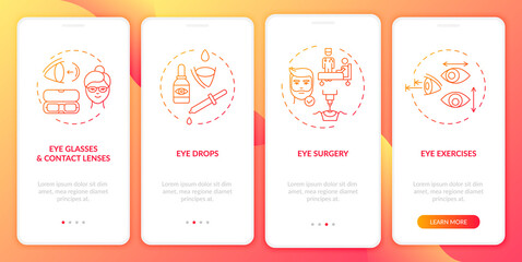 Eye diseases treatment methods onboarding mobile app page screen with concepts. Eye surgery walkthrough 4 steps graphic instructions. UI vector template with RGB color illustrations