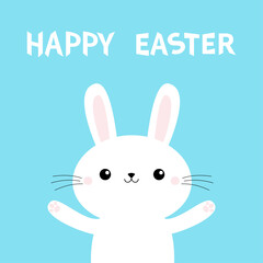 Happy Easter. Rabbit bunny holding paw print hands up. Cute kawaii cartoon funny baby character. White farm animal. Flat design. Blue background. Isolated.