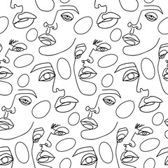 Abstract one line seamless pattern. Continuous Outline background with female faces. Modern Woman aesthetic contour. Fashion print. Surreal texture.