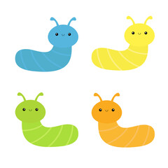 Caterpillar set. Insect icon. Cute crawling bug. Cartoon kawaii funny baby animal character. Smiling face. Colorful bright green blue yellow orange color. Flat design. White background. Isolated.