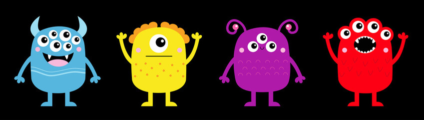 Happy Halloween. Monster icon set line banner. Cute kawaii cartoon baby character. Funny face head colorful silhouette. Hands up, down. Eyes teeth fang horn tongue. Flat design. Black background.