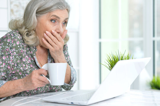 Happy senior woman using laptop