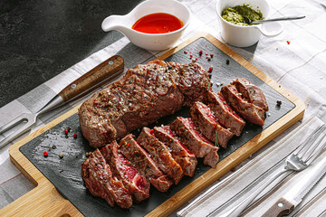 juicy fresh fried steaks for dinner. two fried striploin steak in a medium roasting rare