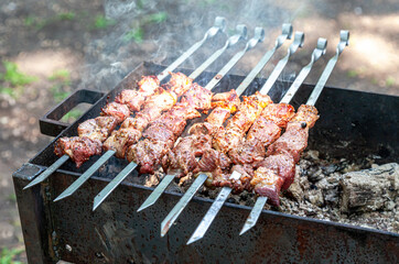 Fresh meat shish kebab (shashlik) prepared on a grill wood coal