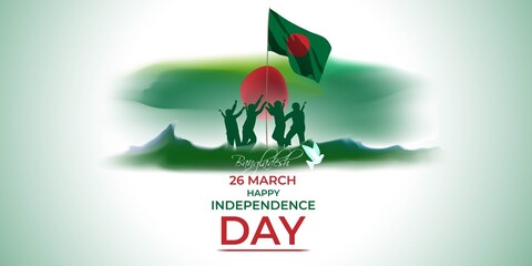Vector illustration for Bangladesh happy independence day, national day, soldiers, flag hoisting, pigeon, mountain on abstract background with patriotic color theme.