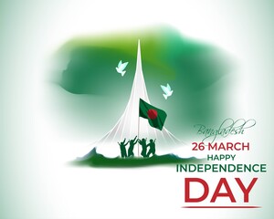 Vector illustration for Bangladesh happy independence day, national day, soldiers, flag hoisting, pigeon, mountain on abstract background with patriotic color theme.