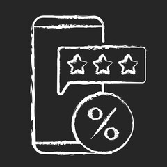 Review for discount chalk white icon on black background. Earn points to use for purchases in stores. Percentage and buy things. Loyalty program. Isolated vector chalkboard illustration