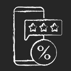 Review for discount chalk white icon on black background. Earn points to use for purchases in stores. Percentage and buy things. Loyalty program. Isolated vector chalkboard illustration