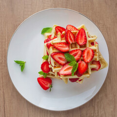 Belgian waffles with fresh strawberry and mint on white plate. Top view