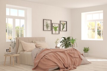 White bedroom interior. Scandinavian design. 3D illustration