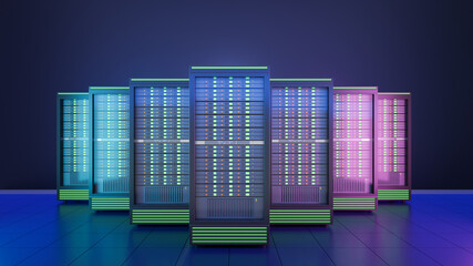Hosting server racks container with blue background. 3D render illustration image.