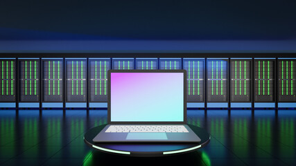 Laptop computer place with hosting server background. 3D rendering illustration image.