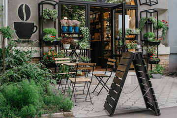 Modern eco cafe with nature style for break in city, fashion flower shop, outside interior