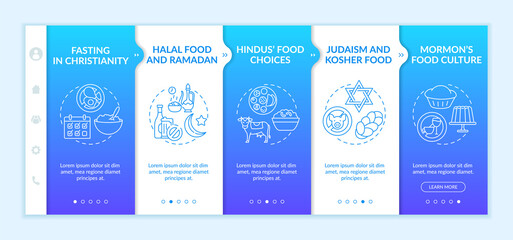 Food culture in religions onboarding vector template. Fasting in Christianity. Judaism and kosher meal. Responsive mobile website with icons. Webpage walkthrough step screens. RGB color concept